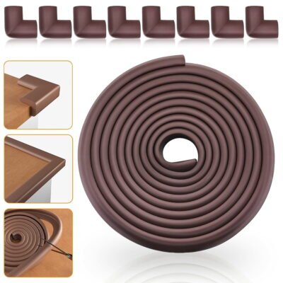 Baby Proofing Edge Corner Protector, Soft Rubber Foam Table Bumper Guard, 3M Pre-Taped Corners, 16.5 ft (15 ft Edge + 8 Corners), Brown