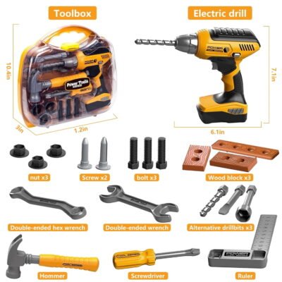 Niteris Kids Tool Set with Electronic Drill - 37pc Pretend Play Construction Toys for Toddlers 3-6, Toolbox, Hammer, Screwdriver & Wood Blocks