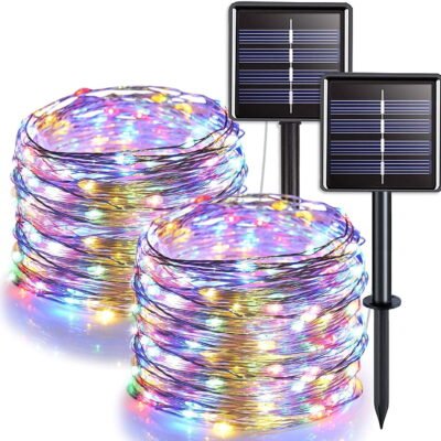 GLUAAE Solar String Lights Outdoor, Mini 33Feet 100 LED Copper Wire Lights, 8 Modes Solar Powered Fairy Lights, Waterproof Solar Decoration Lights(Multicolor)-2Pack