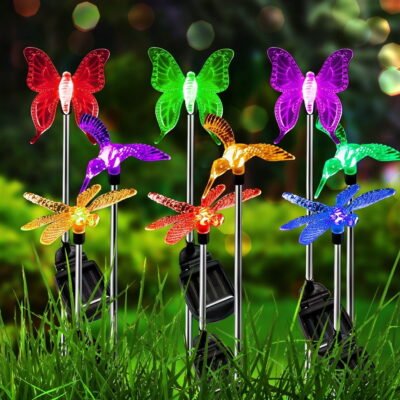Garden Solar Lights Outdoor, 6-pack Solite Figurine Stake Light, Multi-Color Changing Decorative Landscape Lighting LED Hummingbird Butterfly Dragonfly for Patio Lawn Yard, Auto On/Off Dusk to Dawn