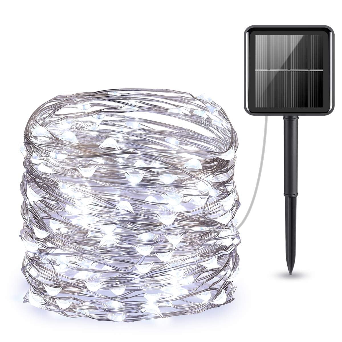 Solar Outdoor String Lights 100 LED Solar Powered Fairy Lights 33ft Flexible Copper Wire Auto On/Off 8 Modes Waterproof IP65 String Lights for Garden, Patio, Windows, Trees, Party (Cool white)