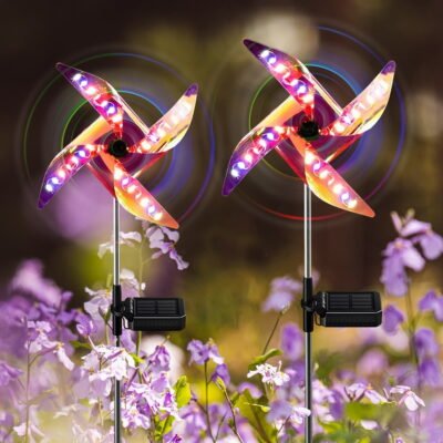 Qishi LED Solar Ground Plug Color Changing Windmill Lights, ABS Plastic Stainless Steel