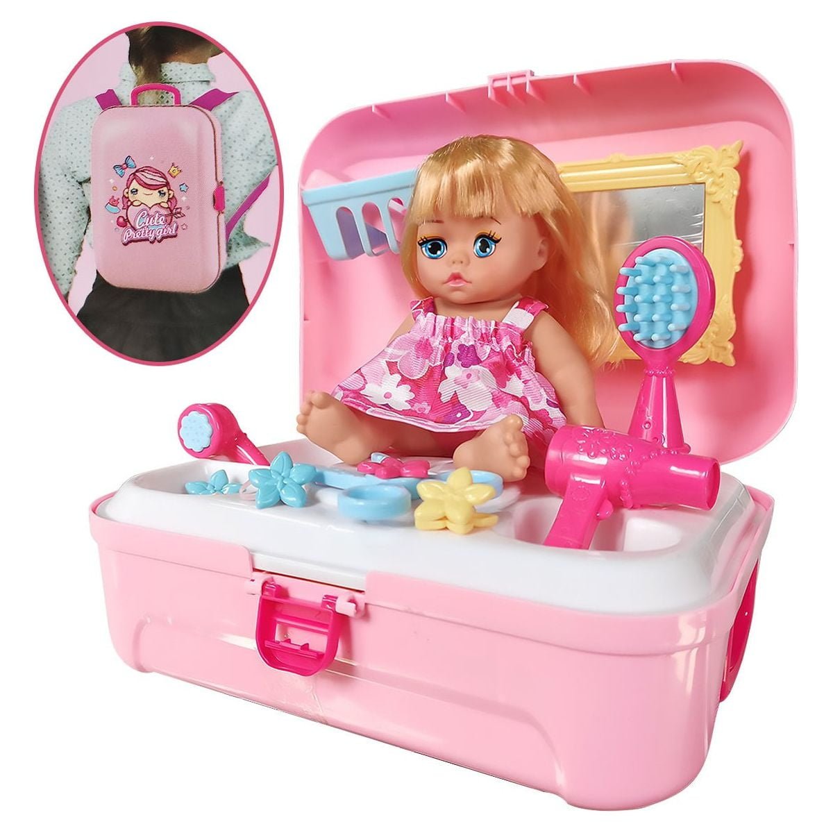 SOMNR Little Princess Dressing Up Toys with Backpack, Pretend Play Bath Set for Girls, Baby Doll Accessories Set for for 3+Year Old Toddlers (16 Pcs)