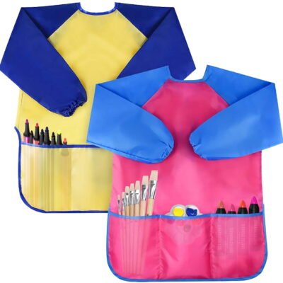 QISHI Pack of 2 Kids Art Smocks, Children Waterproof Artist Painting Aprons Long Sleeve with 3 Pockets for Age 3-7 Years Gifts