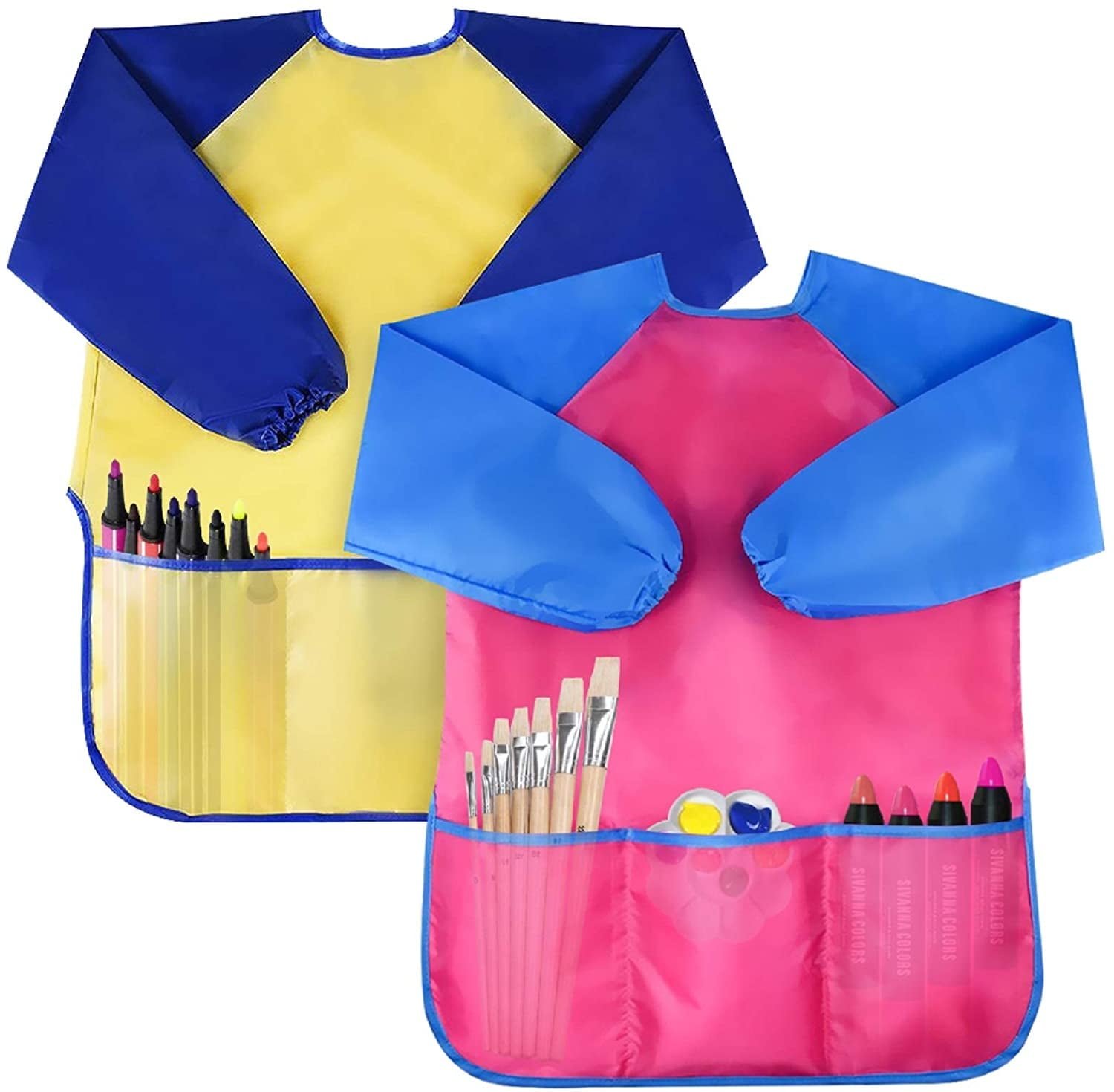 QISHI Pack of 2 Kids Art Smocks, Children Waterproof Artist Painting Aprons Long Sleeve with 3 Pockets for Age 3-7 Years Gifts