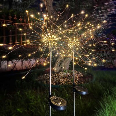 QiShi Outdoor Solar Garden Lights 120 LED Solar Powered Decorative Stake Landscape Light DIY Flowers Fireworks starburst 2 Pack(Warm White)