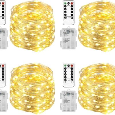 33 Feet 100 Led Fairy Lights Battery Operated with Remote Control Timer Waterproof Copper Wire Twinkle String Lights for Bedroom Indoor Outdoor Wedding Dorm Decor, Warm White 4Pack