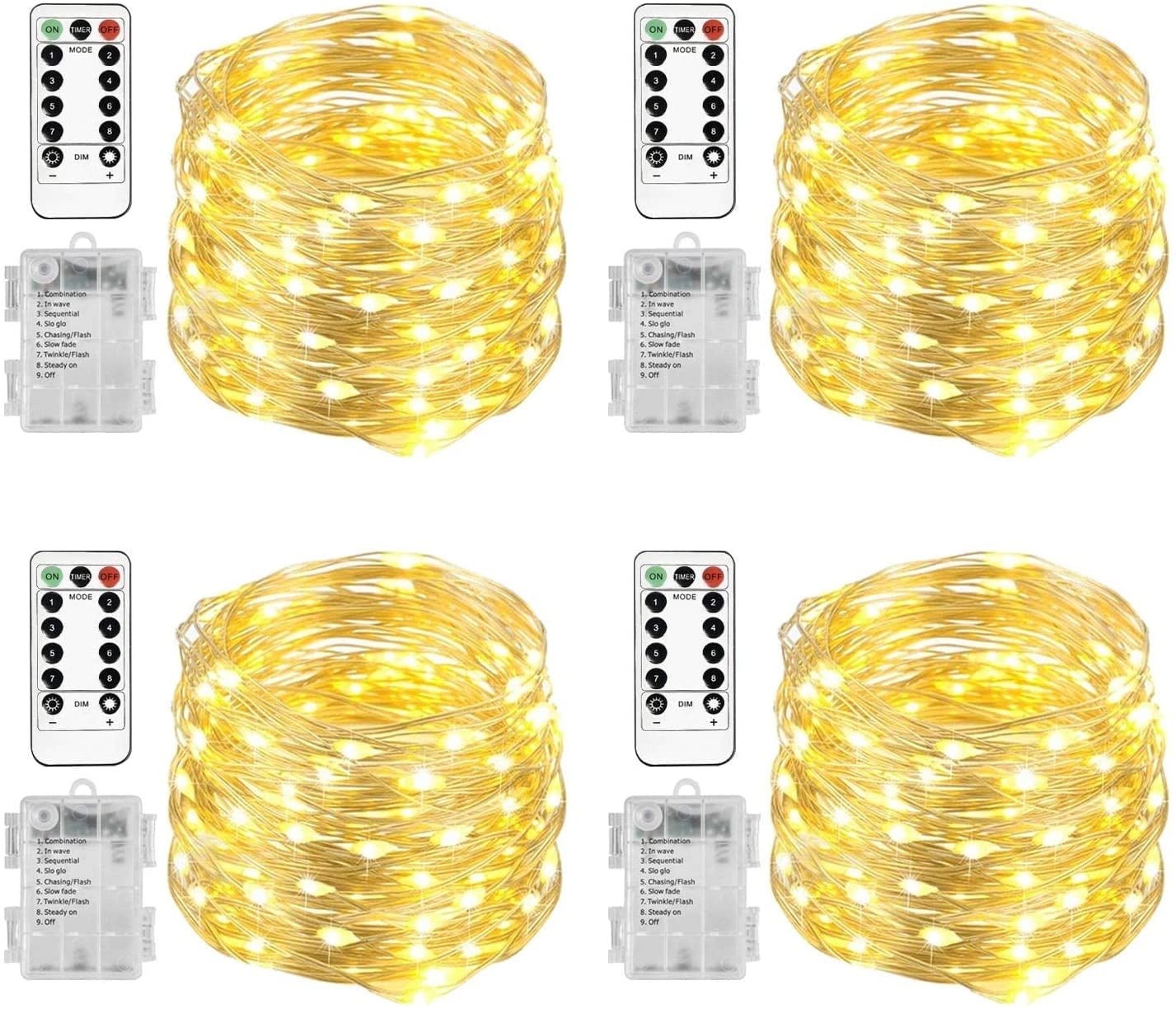 66 Feet 200 Led Fairy Lights Battery Operated with Remote Control Timer Waterproof Silver Wire Twinkle String Lights for Bedroom Indoor Outdoor Wedding Dorm Deco-Warm White 4Pack