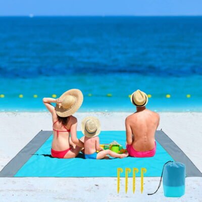 Beach Blanket, SandProof Beach Mat Large 4-7 Persons, Waterproof Picnic Mat Quick Drying Camping Blanket Made by Polyester with 4 Stakes for Outdoor Travel with Storage Bag (83" X 78")