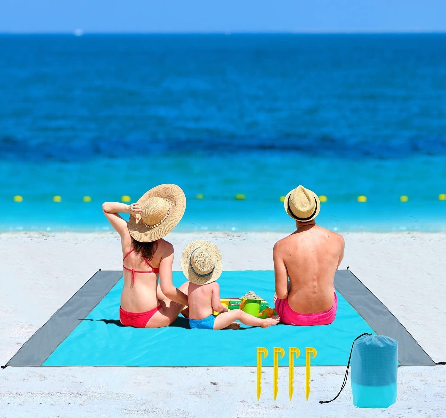 Beach Blanket, SandProof Beach Mat Large 4-7 Persons, Waterproof Picnic Mat Quick Drying Camping Blanket Made by Polyester with 4 Stakes for Outdoor Travel with Storage Bag (83" X 78")