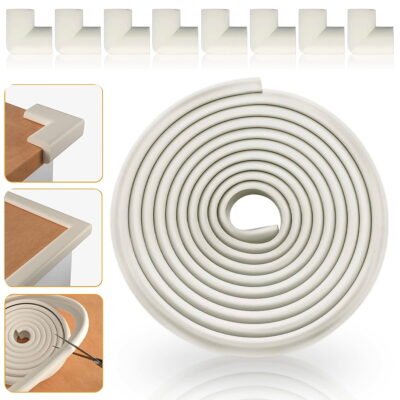 Baby Proofing Edge Corner Protector, Soft Rubber Foam Table Bumper Guard, 3M Pre-Taped Corners, 16.5 ft (15 ft Edge + 8 Corners), White