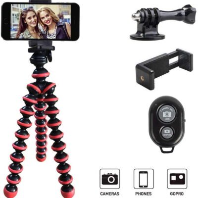 Qishi Portable Phone Tripod Stand with Wireless Remote - Flexible Compatible with iPhone, Samsung, Android & GoPro-Red