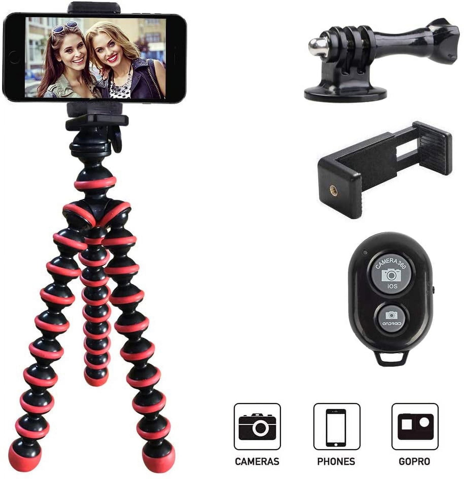 Qishi Portable Phone Tripod Stand with Wireless Remote - Flexible Compatible with iPhone, Samsung, Android & GoPro-Red