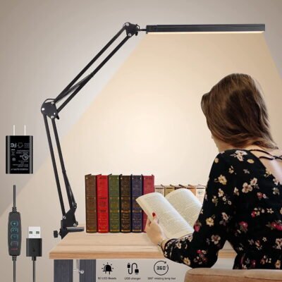 Somnr LED Desk Lamp with Clamp, Swing Arm Desk Lamp, Adjustable Desk Light Eye-Care Table Light(3 Color Modes, 10-Level Dimmer, Eye Care)