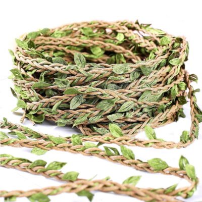 Jute Twine, 66 Feet Braided Decoration Vine with Artificial Green Leaves for Macrame Wall Decor Party Birthday Wedding Garden Home Decor