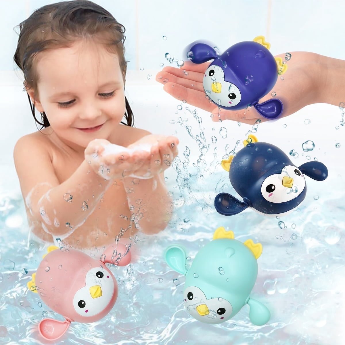 Somnr Kids Bath Toys, 4 pack Wind up Penguin Bathtub Toys, Toddlers Swimming Floating Playing Set Colourful Water Playset Gifts for Boys and Girls (Pink+Green+Blue+Purple)