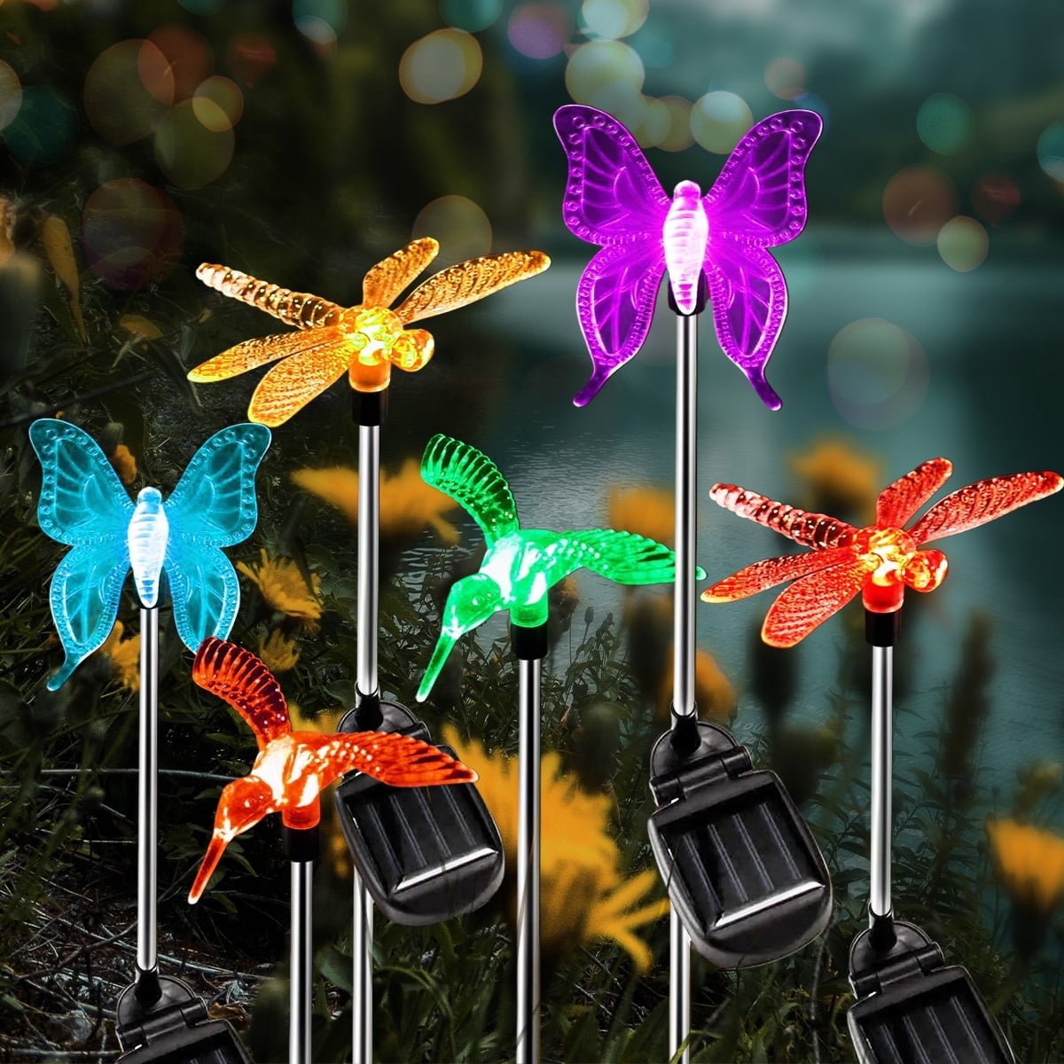 Solar Garden Lights, 6 Pack Solar Garden Stake Light, Multi-color Changing Solar Powered Decorative Landscape Lighting Hummingbird Butterfly Dragonfly for Outdoor Path, Yard, Lawn, Patio