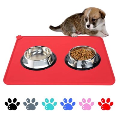 QiShi Silicone Waterproof Dog Cat Pet Food Mats Tray -FDA Grade Dog Pet Cat Feeding Mat-Red