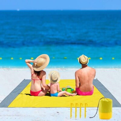Beach Blanket, SandProof Beach Mat Large 4-7 Persons, Waterproof Picnic Mat Quick Drying Camping Blanket Made by Polyester with 4 Stakes for Outdoor Travel with Storage Bag (83" X 78")
