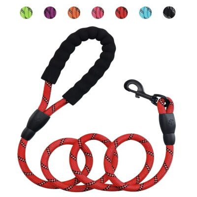 Reflective Strong Rope Dog Leash with Comfortable Padded Handle Heavy Duty Metal Clasp for Dogs for Pets (5 FT)RED