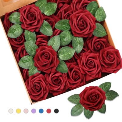 Somnr Artificial Roses - for Weddings, Home Decor, DIY Bouquets,Darkwinered (25 Pack)