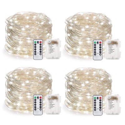33 Feet 100 Led Fairy Lights Battery Operated with Remote Control Timer Waterproof Silver Wire Twinkle String Lights for Bedroom Indoor Outdoor Wedding Dorm Deco White 4Pack