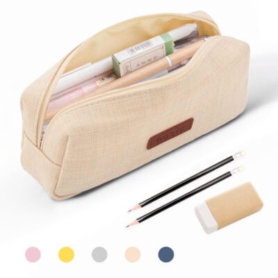 QiShi Big Capacity Pencil Case for School - Cosmetic & Stationery Bag for Kids, Teens, Boys & Girls (Beige)