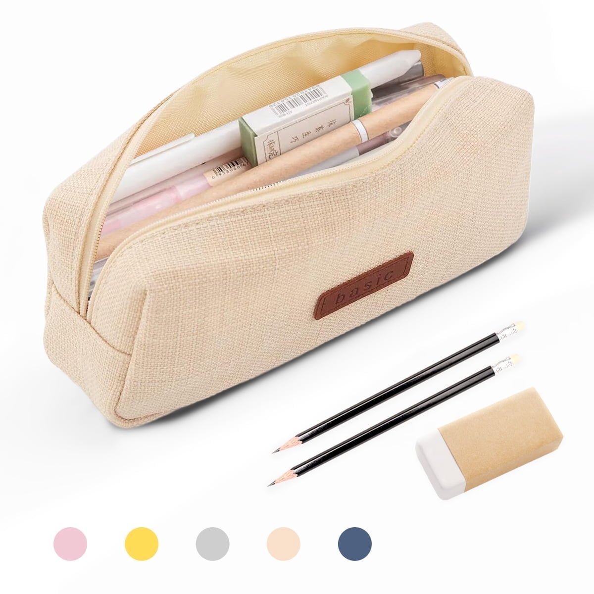 QiShi Big Capacity Pencil Case for School - Cosmetic & Stationery Bag for Kids, Teens, Boys & Girls (Beige)