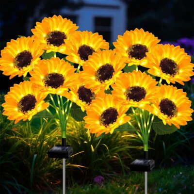 SOMNR 2 Pack Solar Sunflower Lights Outdoor - 12 LED Sunflower Stake Lights, Waterproof Garden Lights for Yard, Pathway, Patio Decor (Warm White)